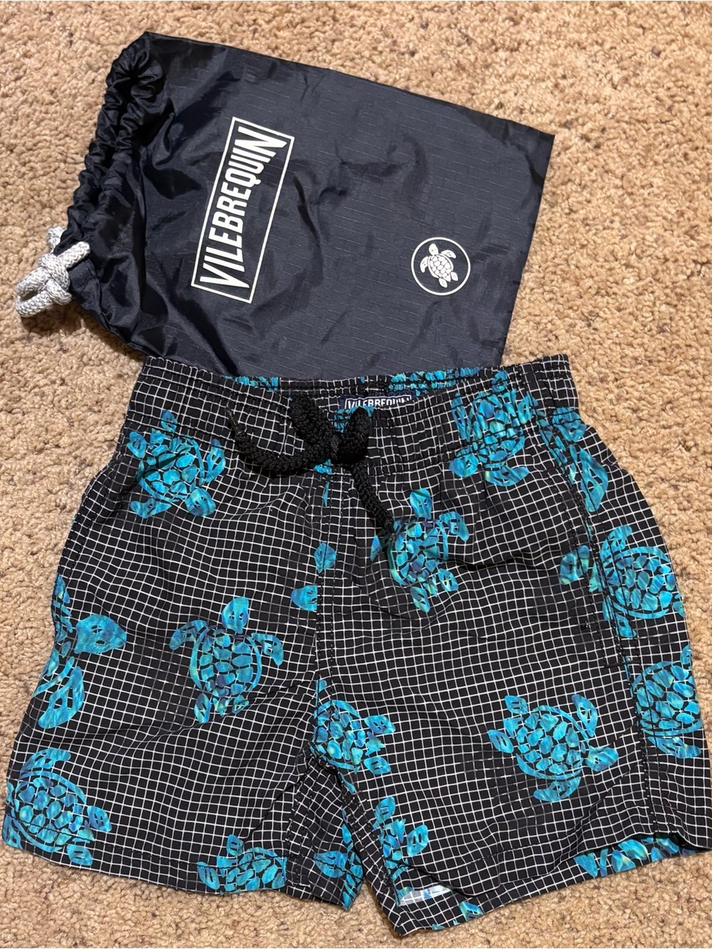 Vilebrequin Black Grid Swim Trunks with Turquoise Turtle Print, size 4.